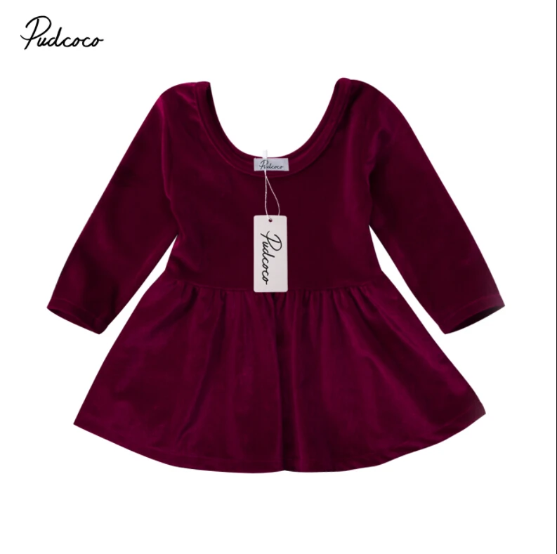 

US STOCK infant kids Baby Girl Christmas Dress Party Sundress solid color long sleeve princess clothes outfits girls velvet