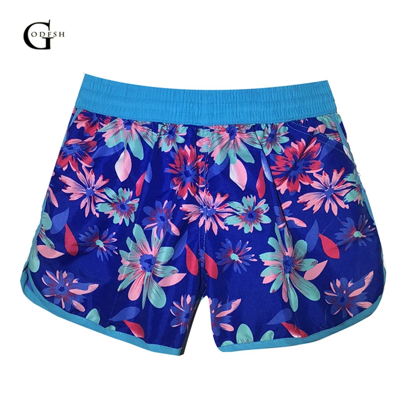 

2018 Blue Drawstring Elastic Waist Short Summer Woman Bottom Mid Waist Floral Shorts Print Stepped Hem Shorts RH139