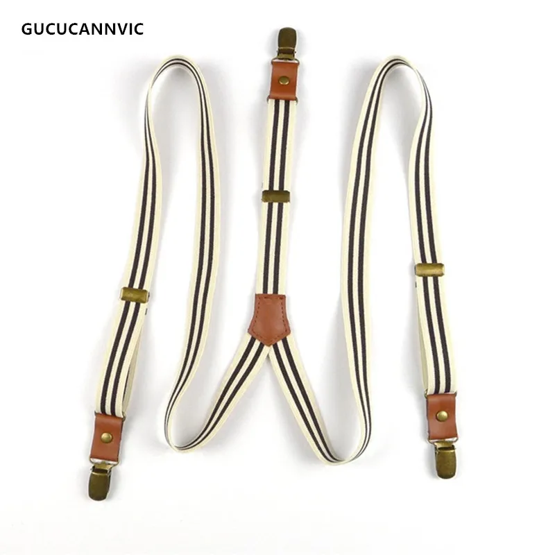 New men Suspenders casual striped braces Vintage bronze clip leather