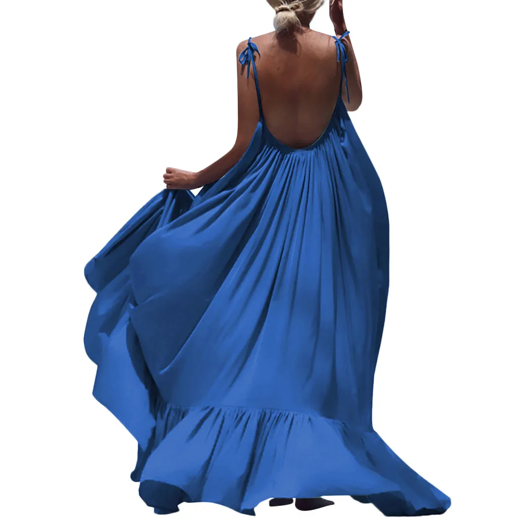 

Women Boho Solid Sleeveless Sexy Backless Maxi Dress Ladies Elegent Beach Style Holiday Evening Party Long Dress #B