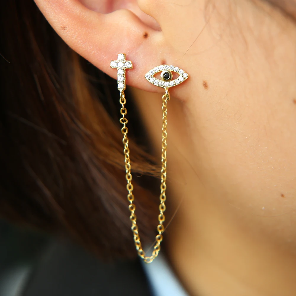 2017 Sale Real Brincos Double Ear Hole Unique Cute Cz Evil Eye Studs Link Chain Tassel Fashion 925 Silver Girl Women Earring