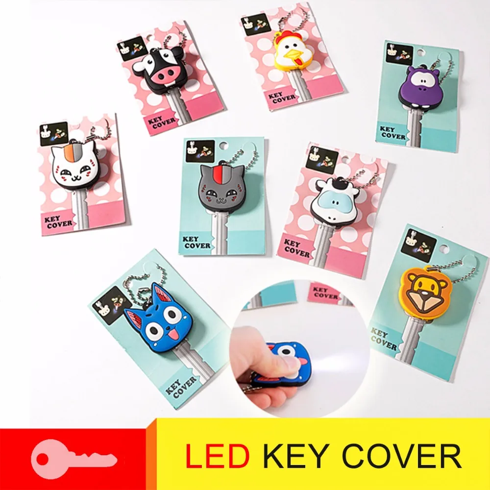 

Nosii Cute Cartoon Cat Lion Hippo Cow Key Cover Cap PVC Protector With LED Light Battery Included Hanging Decoration Tool