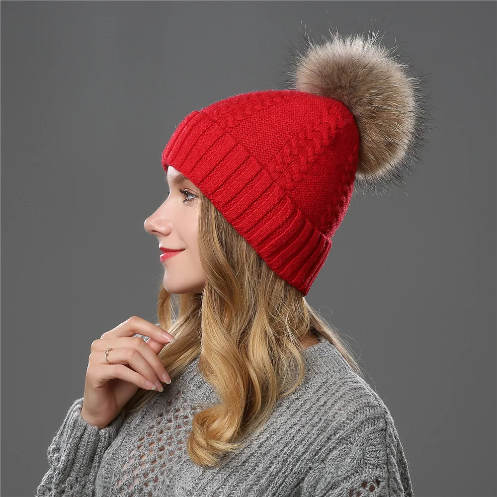 Beanie Women Winter Hat Warm Wool Knit Cap Raccoon Pom Pom Headwear Soft Autumn Casual Outdoor Ski Skullies Snow Accessory (14)