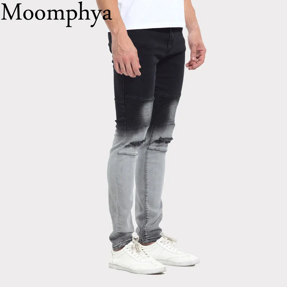 2018 Men Distressed Ripped holes biker jeans Gradient color hip hop skinny jeans men black denim jeans