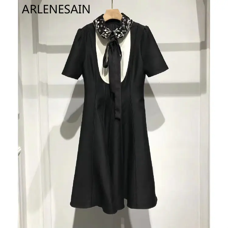 

Arlenesain custom Heavy nail collar high-end silk fabric Slim beautiful printing printed sleeves silk dress