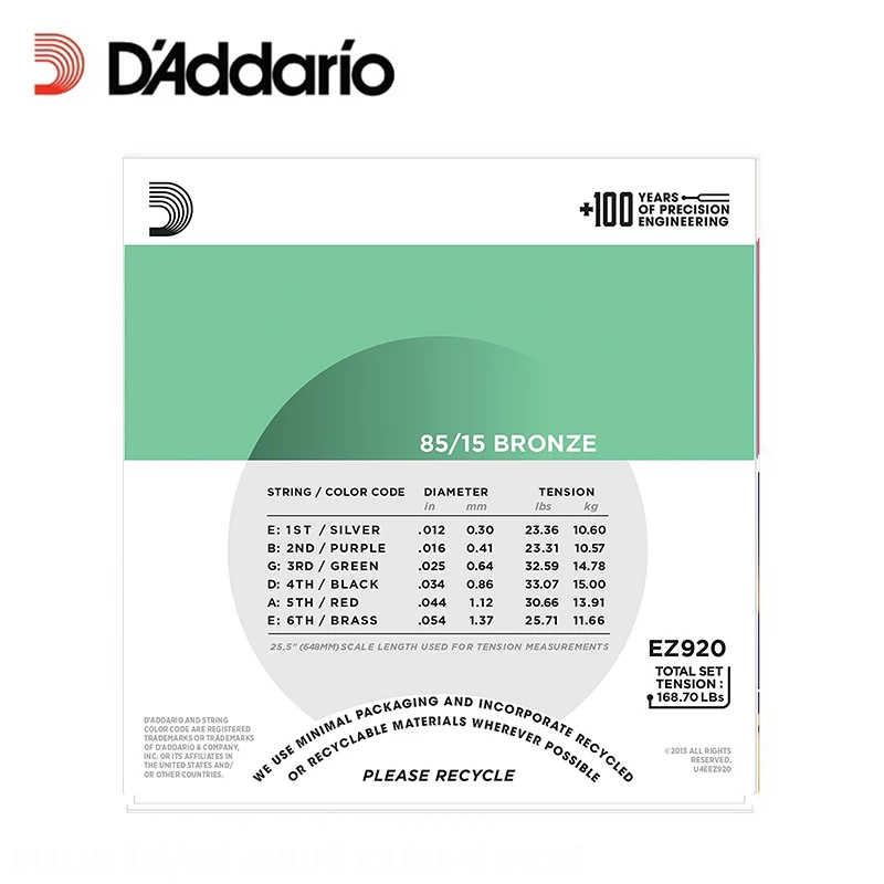 D'Addario EZ920 большой американский Бронзовый Средний светильник (.012 .054) Струны для