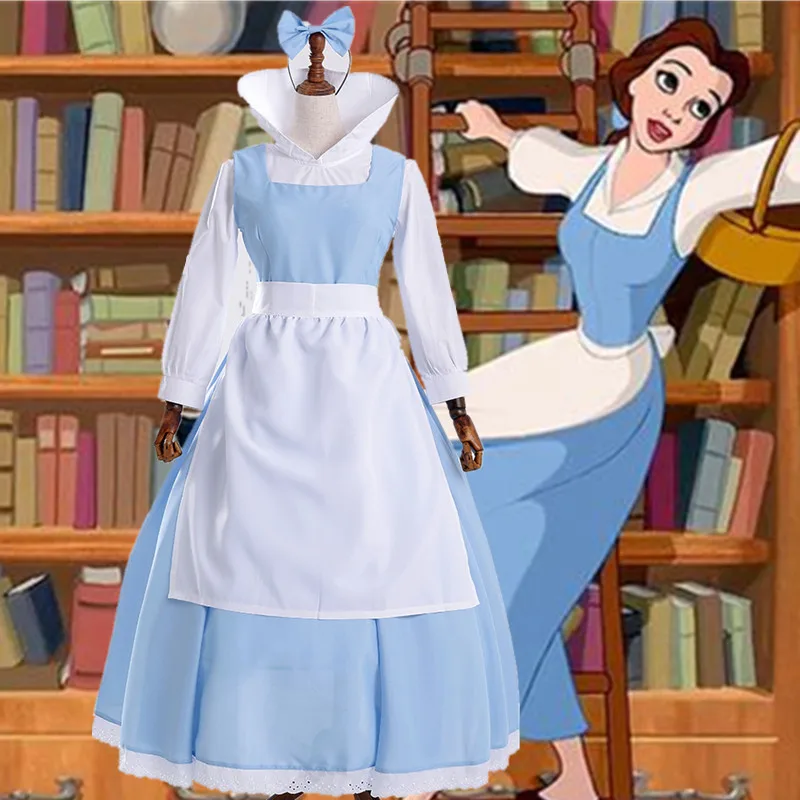 

Beauty and the Beast Belle Maid Dress Maid Cosplay Costume Women Blue Full Set Dress ( Shirt + Dress + Apron + Headwear )