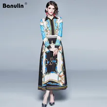 Runway Designer Vintage Blue Contrast Color Maxi Dress 2019 Summer Women Long Sleeve Turn Down Collar Chain Print Long Dress Runway Designer Vintage Blue Contrast Color Maxi Dress 2019 Summer Women Long Sleeve Turn Down Collar Chain Print Long Dress