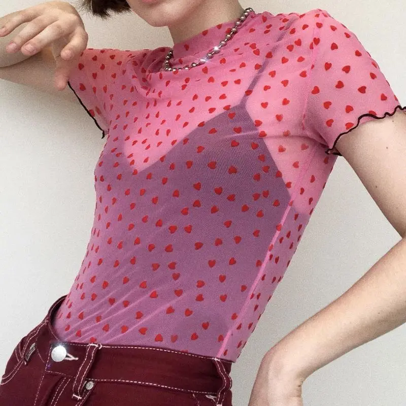 

Womens Sexy Semi-Sheer Mesh Crop Top Love Heart Printed Short Sleeves Slim T-Shirt Turtleneck Ruffles Trim Pullover Cover-Up