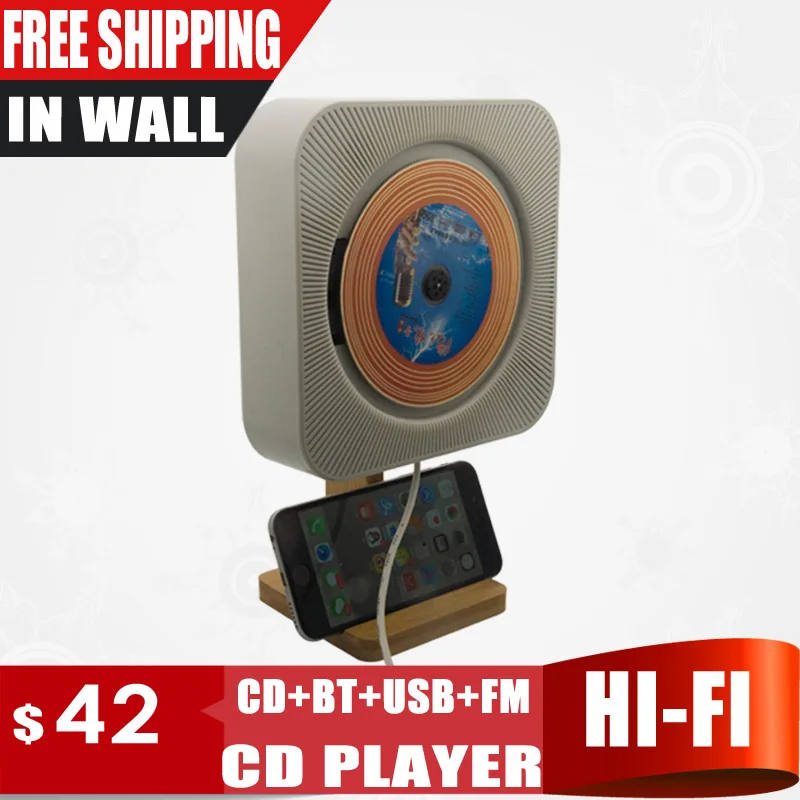 

New Touch Key In Wall Mounted CD Player Support CD, Blue Tooth, FM Radio MP3, USB, 3.5mm Stereo Audio Out, Bamboo Stand Holder