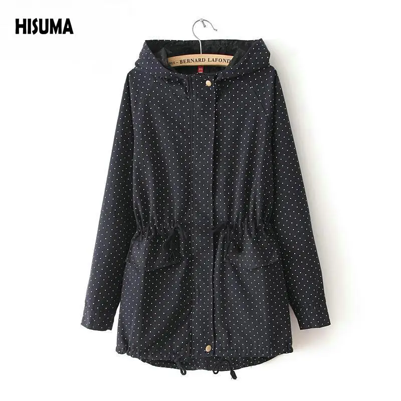 

2017 Spring autumn new Women's Polka Dot Sweep Medium-long Drawstring Outerwear Women Long-sleeve with A Hood Trench Female Coat