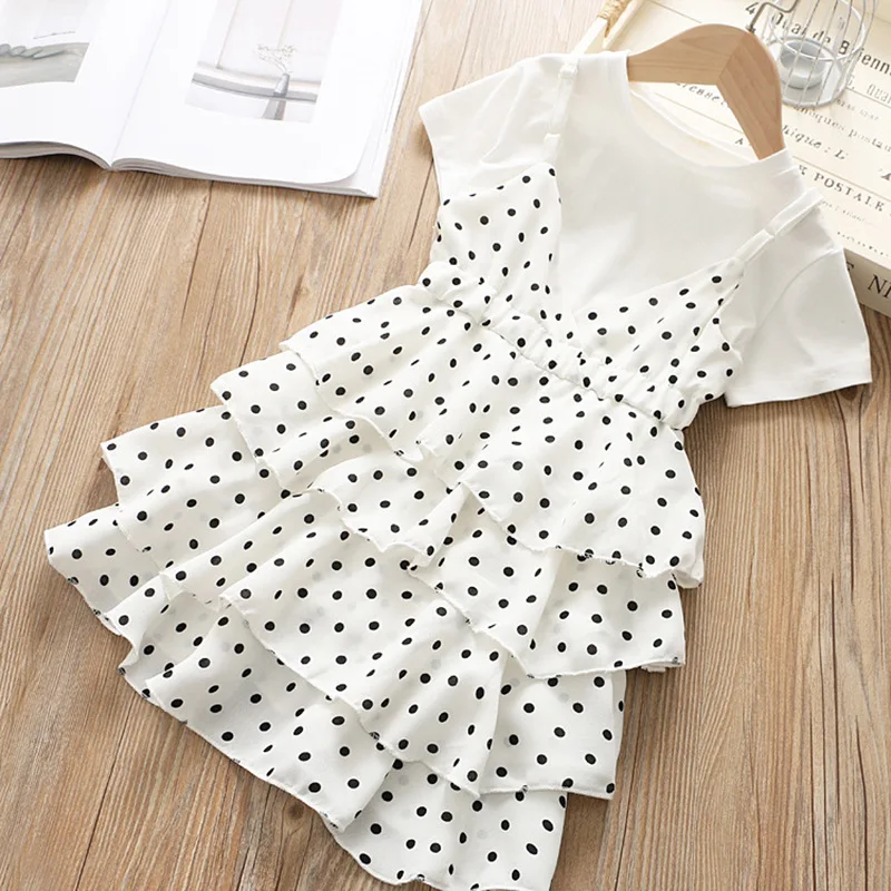 

Children's Set 2019 New Brand Girls Clothes Polka Dot Sling Layer Cake Dress + Solid T-shirt 2 Pcs Sets Girls Dress