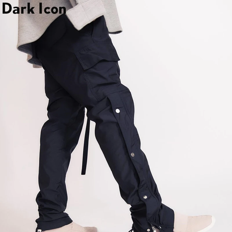 

Dark Icon Elastic Waist Side Button and Pockets High Street Pants Men 2019 New Fashion Men's Pants Solid Color Trousers Coffee