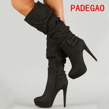 PADEGAO 2017Fashion Women Boots Mid Calf Black Woman Boots Warm Party sexy Waterproof 12 5cm Hee