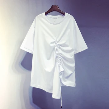 

2019 New Summer Fashion All-match Loose Women Tops Solid Color Cotton Basic Tshirts Irregular Short Sleeve Students T-shirts