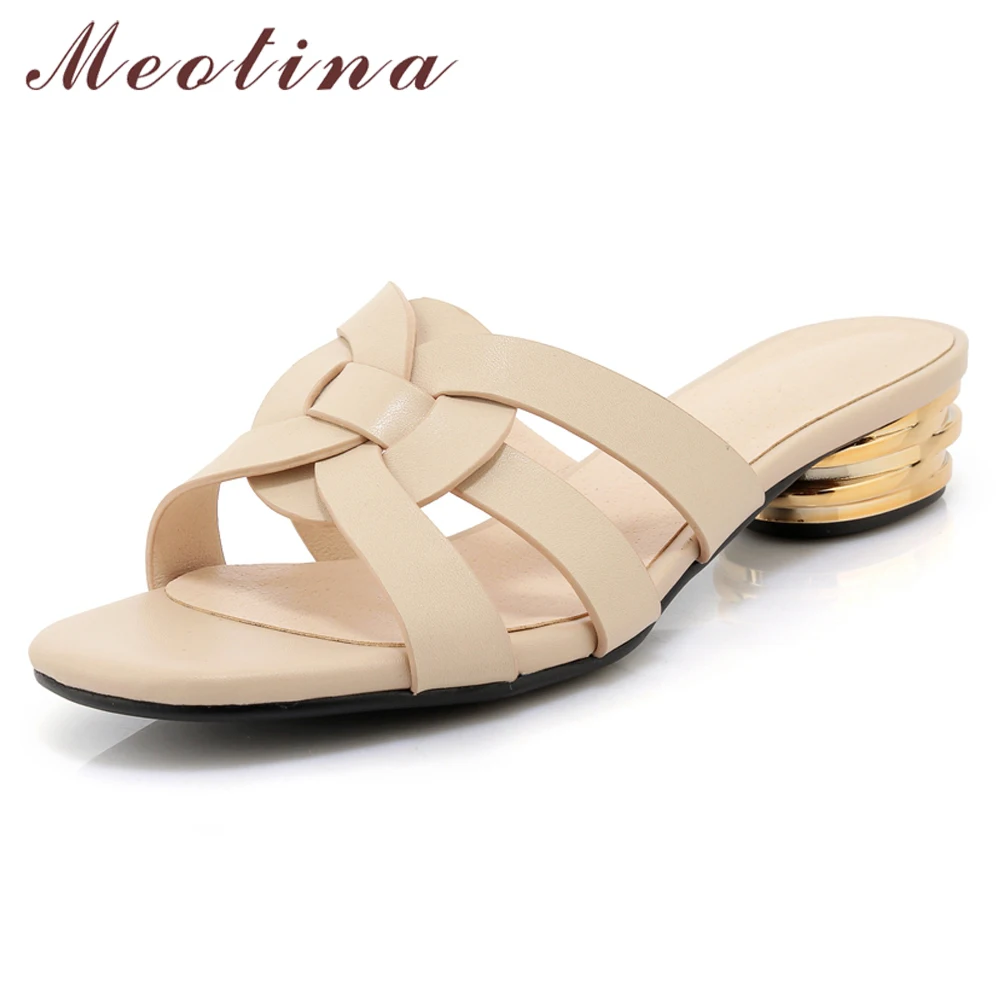 

Meotina Women Shoes Summer Slides Natural Genuine Leather Strange Style Heel Shoes Cow Leather Open Toe Slippers Lady Sandals 40