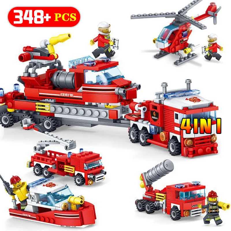 

348PCS Fire Fighting Car Helicopter Boat Building Blocks Compatible Legoingly City Firefighter Figure Bricks Toys For Kids Gifts