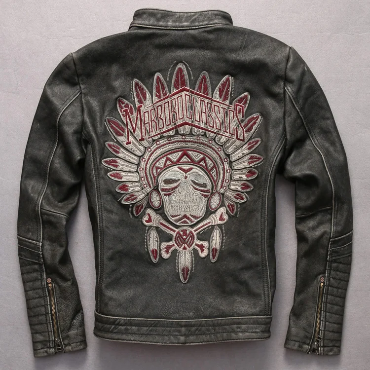 Vintage genuine leather jacket men Indian character pattern motorcycle ...
