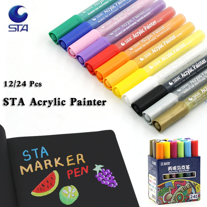 For STA Bright 12/24 Colors Acrylic Marker Pens Highlighter Waterproof