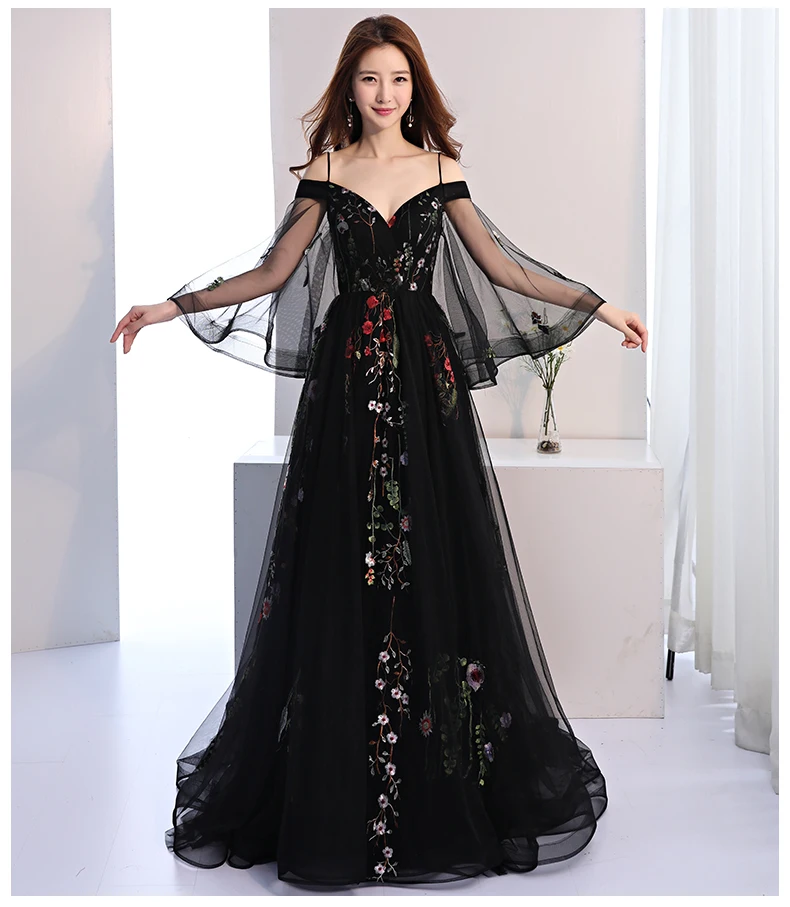 Robe De Soriee/Новинка черные вечерние платья длинное платье с вышивкой и цветами