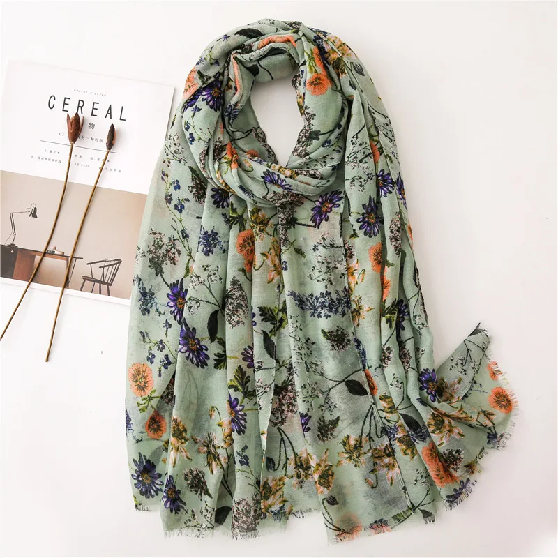  Floral Scarf Viscose Hijab for Women Head Scarf Green Large Shawl Handkerchief Autumn  [6622]