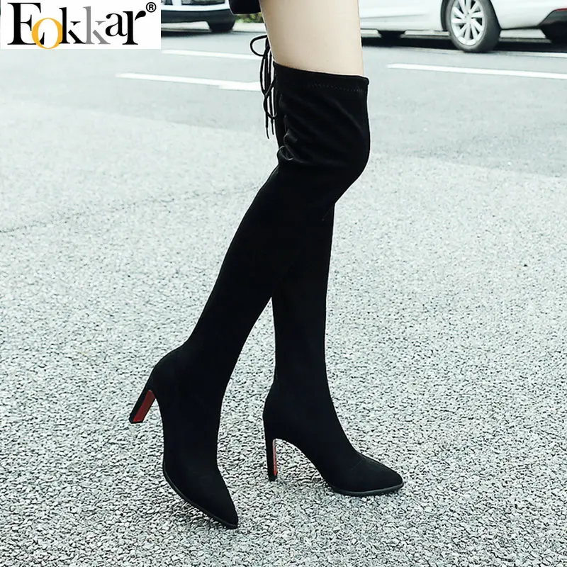 

Eokkar 2020 Black Elastic Over The Knee High Boots Pointed Toe Square High Heel Thigh High Boots Slip On Big Size 45 Winter Shoe
