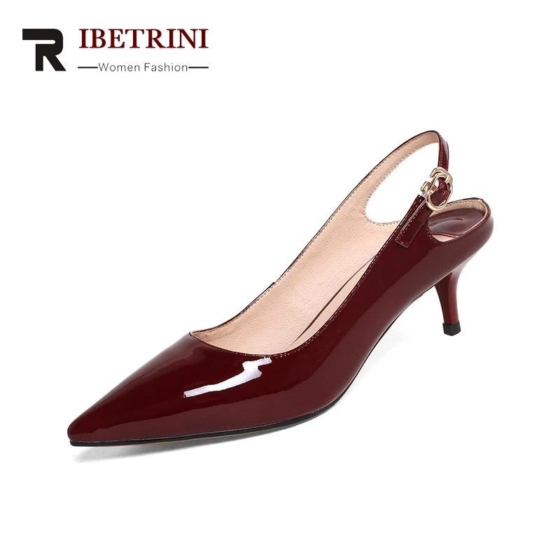 

RIBETRINI 2019 Summer Sexy Shallow Women Slingbacks Pumps Overall Genuine Leather Med Heels Ol Shoes Woman Pointed Toe Shoes