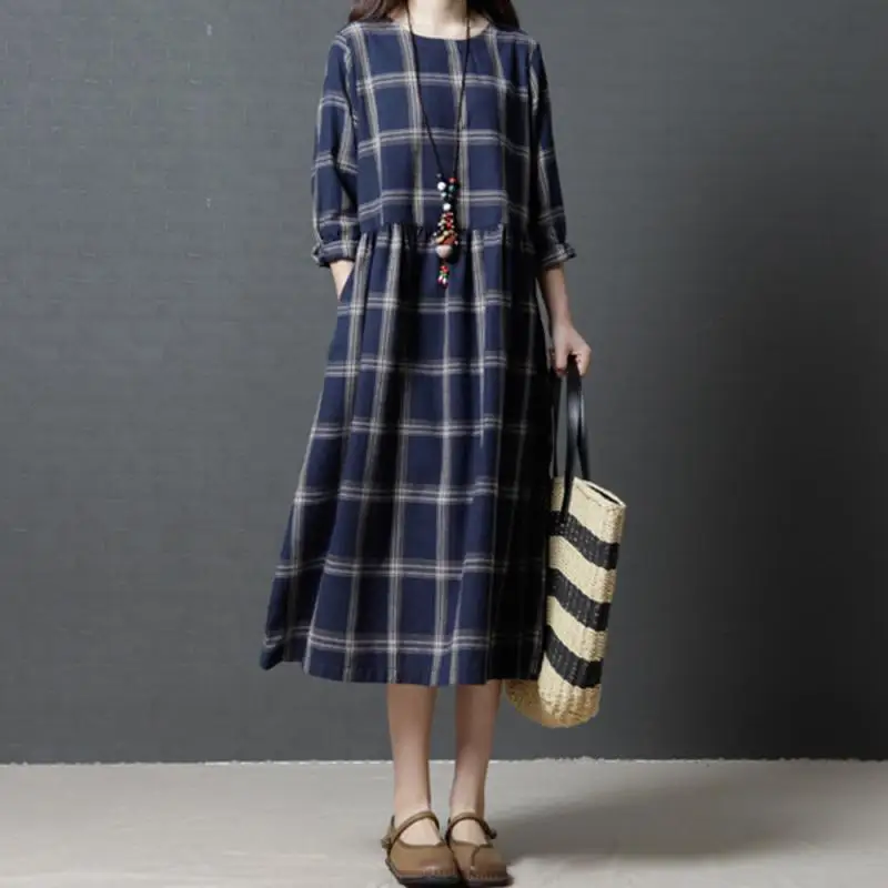 

KANCOOLD Dress Women Plus Size Lattice Cotton And Linen fashion Plaid Dress Long Sleeves Loose Long dress women 2018AUG2