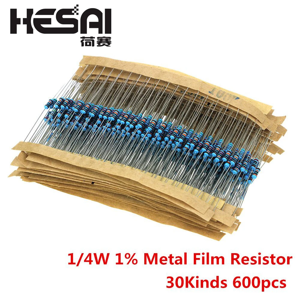 600pcs/set 30 Kinds 1/4W Resistance 1% Metal Film Resistor Pack Assorted Kit 1K 10K 100K 220ohm 1M Resistors 300pcs/set