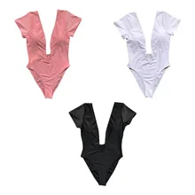 Womens Sexy One Piece Bikini Plunging Deep V-Neck Monokini Bodysuit Plain Solid Color Slimming High Cut Leg Beachwear Rompers sequin bodice sheer v back plunging bodysuit