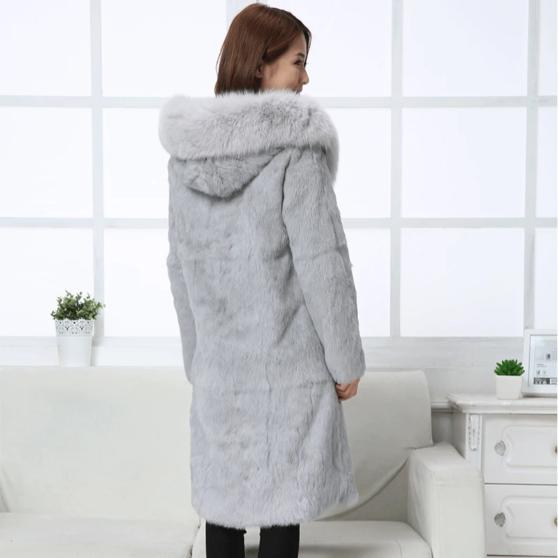 

Real Rabbit Whole Fur Women's Long Coat Hooded with fox fur Collar plus size 6XL