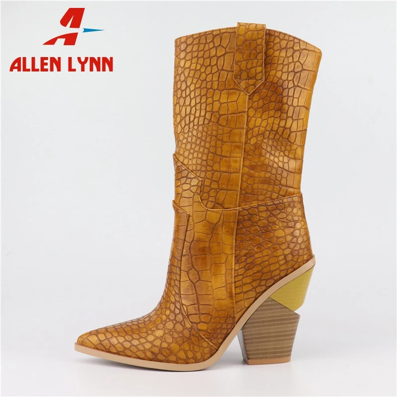 

ALLENLYNN half-knee Boots Spring Autumn Fashion Snake Prints Westeren Boots man-made Leather Pointed Toe Boots Plus Size 33-46