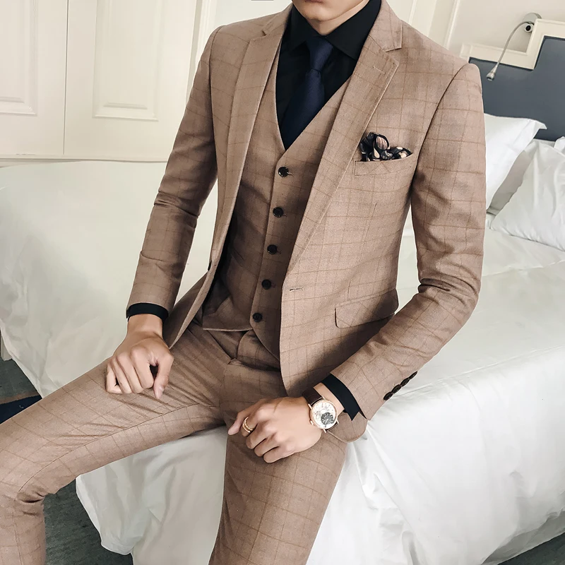 Plaid Suits Mens Khaki Tuxedo Mens Business Suits Classic