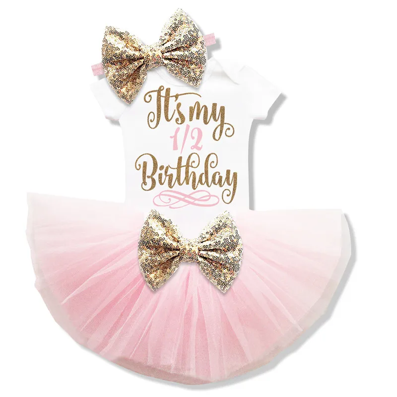 Одежда для новорожденных девочек одежда для первого дня рождения для маленьких девочек детское платье для дня рождения для девочек, Детский карнавальный костюм детская одежда, 12 месяцев - Цвет: Pink Half