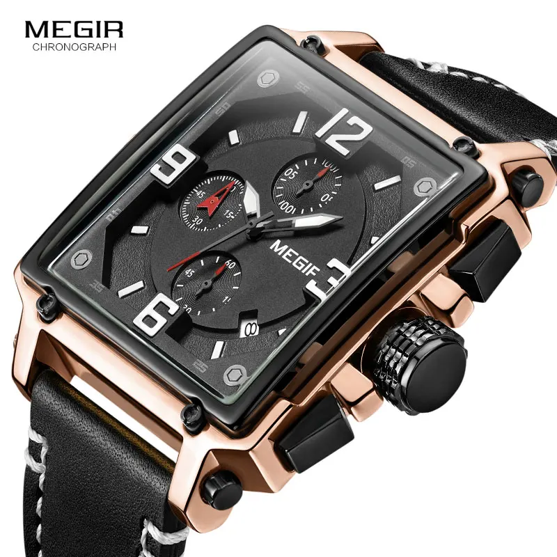 Preise Megir Lederband Armee Chronograph Quarz Handgelenk Uhren Männer Platz Sport Stoppuhr Mann Uhr Relogios Masculino 2061 Rose