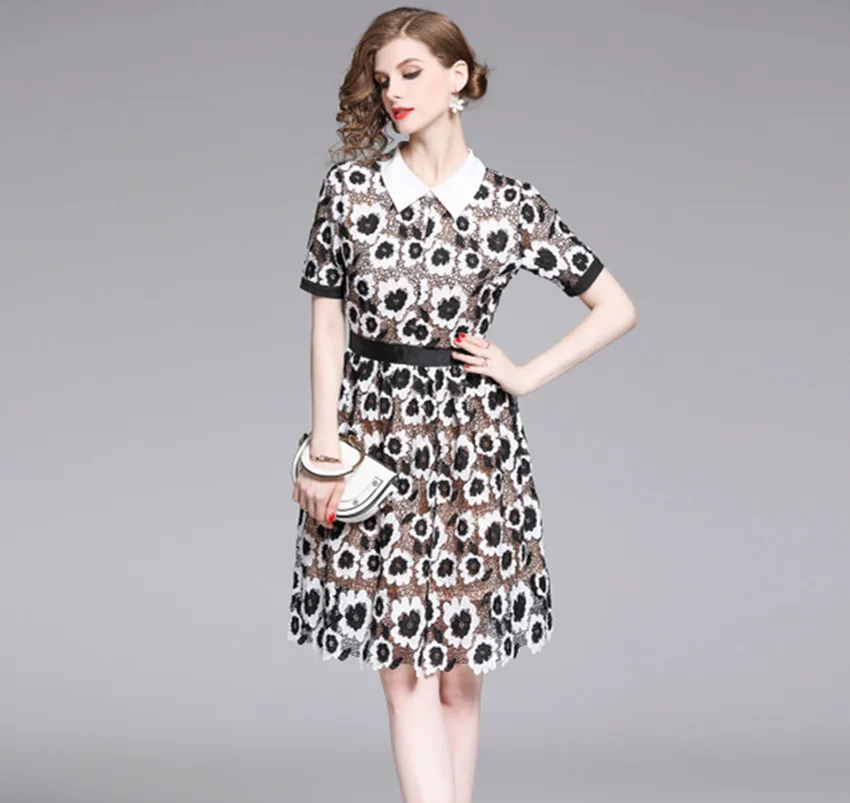 

HAMALIEL New Summer Turn Down Collar Dress Women Black White Patchwork Lace Floral Embroidery Dress Vintage Hollow Out Vestidos