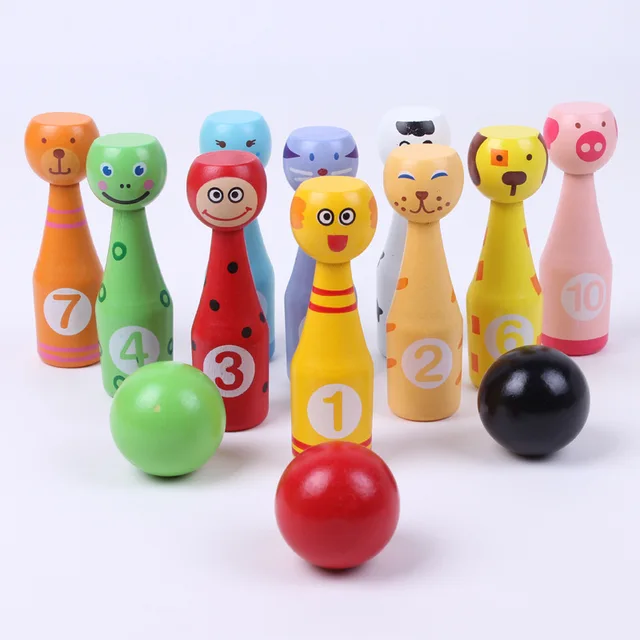 Best Offers 10pcs a lot Mini Cartoon Wooden Bowling Ball Skittle Game Cute Animal Shape For Kids Children Toys ML0140