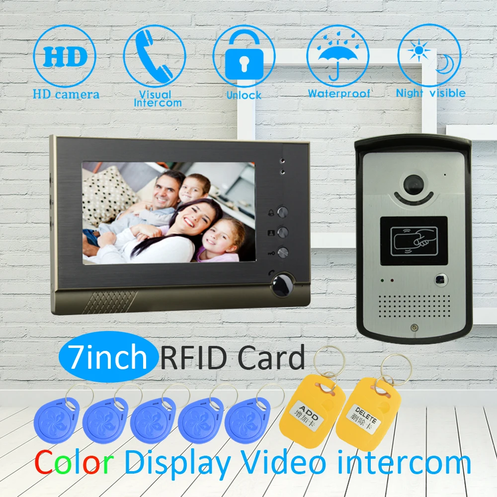 

(1 SET) Aluminium 7 Inch LCD Monitor RFID Unlock Function HD Night Vision IR Camera Video Door Phone System Doorbell Intercom
