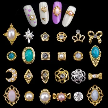 

3D Nails Art Golden Color Alloy Cabochons with Synthetic Turquoise Beads Pearl Inlay Nail Art Decoration Accessories