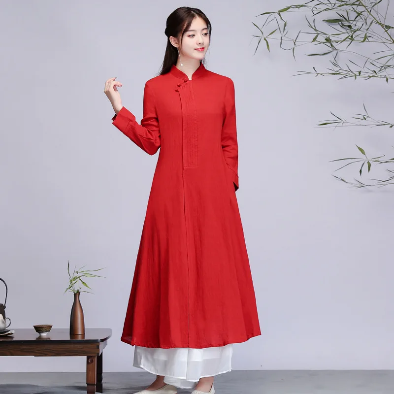 

Spring New Chinese Style Women's Zen Tea Service Plate Button Literary A-line Cheongsam Cotton Linen Dresses