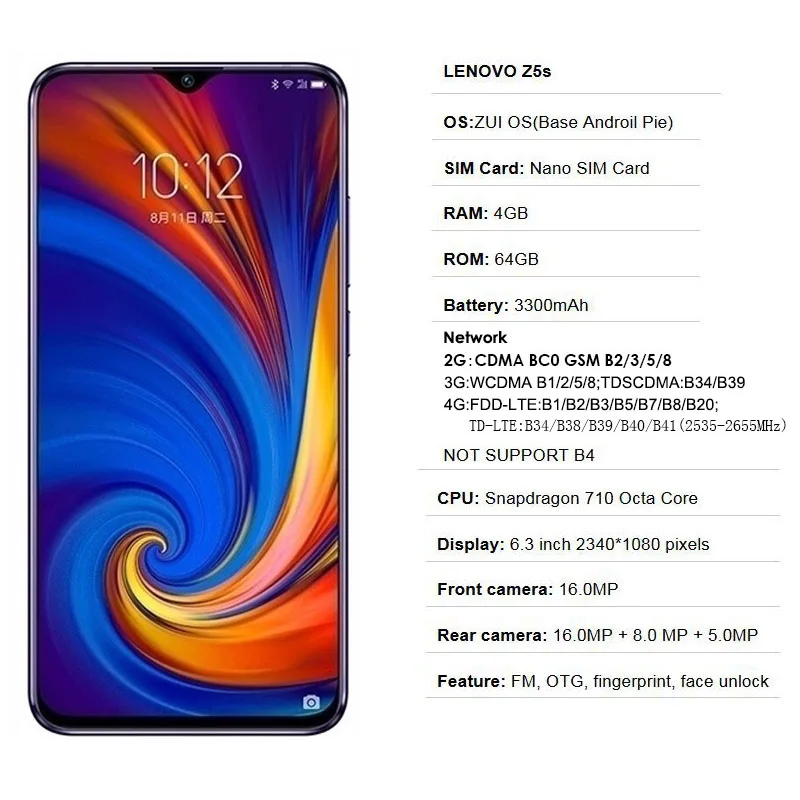 Мобильный телефон Lenovo Z5S с глобальной прошивкой, L78071, 4 ГБ, 64 ГБ, Snapdragon 710, мобильный телефон, отпечаток пальца, 6,3 дюймов, смартфон, Android 9,0