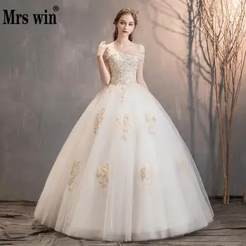 

Wedding Dress 2020 Mrs Win The Bridal Sexy V-neck Ball Gown Off The Shoulder Champagne Lace Embroidery Vintage Wedding Dresses F