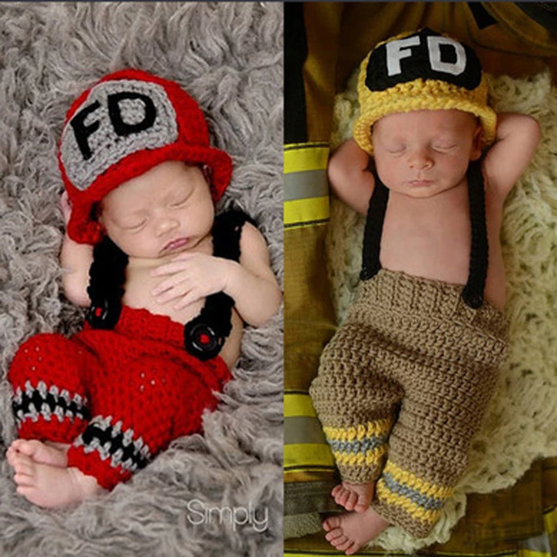 手編みウールキャップ0 3ヶ月ベビー帽子ベビーキャップ手作り幼児かわいいかぎ針編みの衣装ニット着用消防士サスペンダー野生の子 Crochet Outfit Baby Capbaby Hat Aliexpress