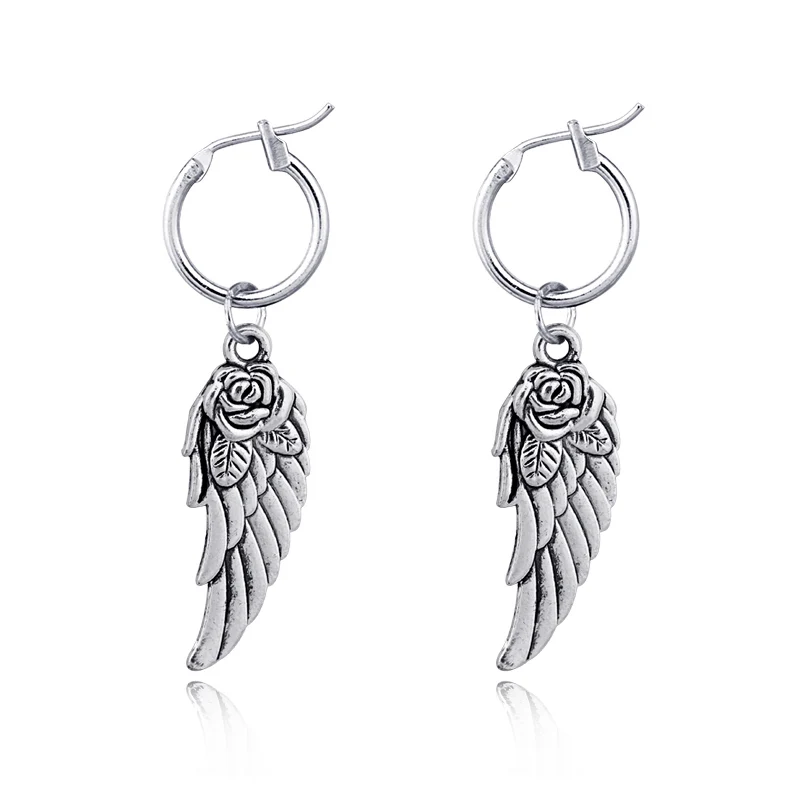 1 пара панк Ангел цветок крыло кулон серьги обруча для Для женщин Европейская мода Silver Цвет серьги-подвески ювелирные изделия E335