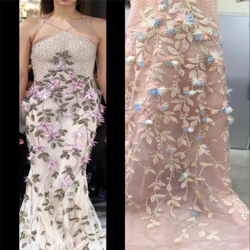 

African Lace Fabric 2018 High Quality Lace Pink Bridal Lace Fabric With 3D embroidery Tulle Mesh Lace Fabric Nigerian F46-1