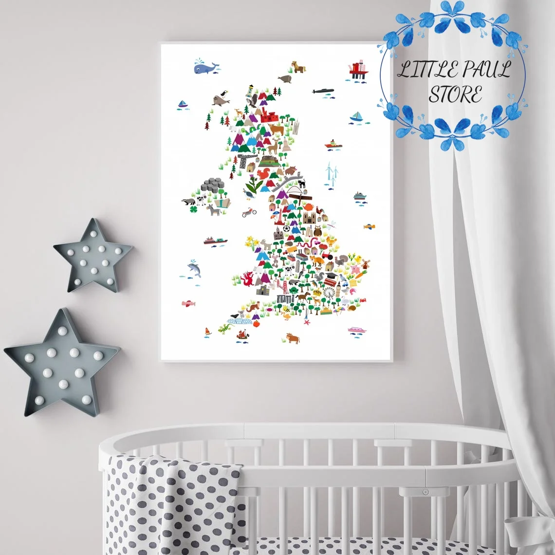 

Animal Map for Children South America United Kingdom Scotland Africa Art Canvas Poster Wall Picture for Living Room No Frame