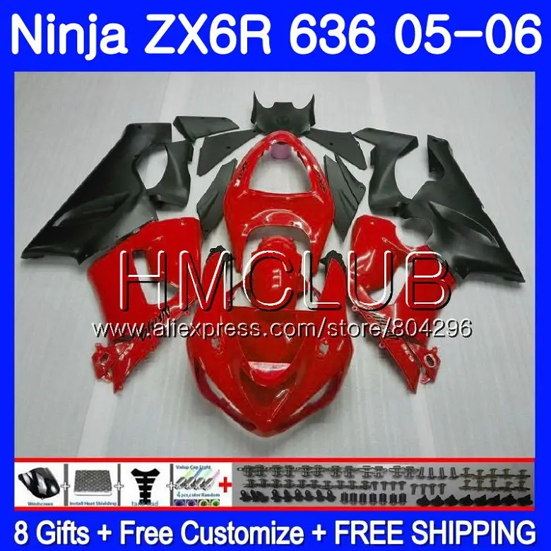 

Body For KAWASAKI NINJA ZX-636 ZX 6R 600CC 6 R ZX636 05 06 17HM.16 ZX6R 05 06 ZX600 ZX 636 Red black ZX-6R 2005 2006 Fairing