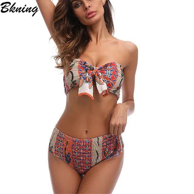 Strapless Bowknot Printed Bikini