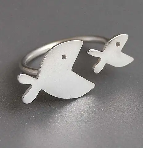 925 Sterling Silver Double Fish Rings for Women New Design Lovely Girls Christmas Gift Statement Jewelry Adjustable Size Ring
