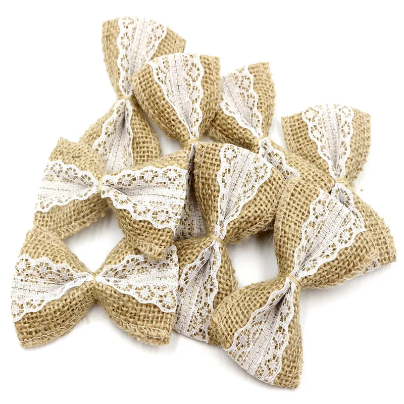 

10pcs Vintage Natural Jute Burlap Hessian DIY Ribbon Bowknot Wedding Burlap Scrapbooking lace craft